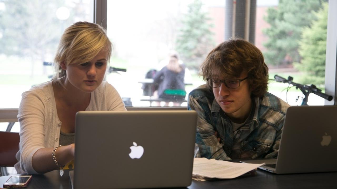 两个学生在图书馆工作